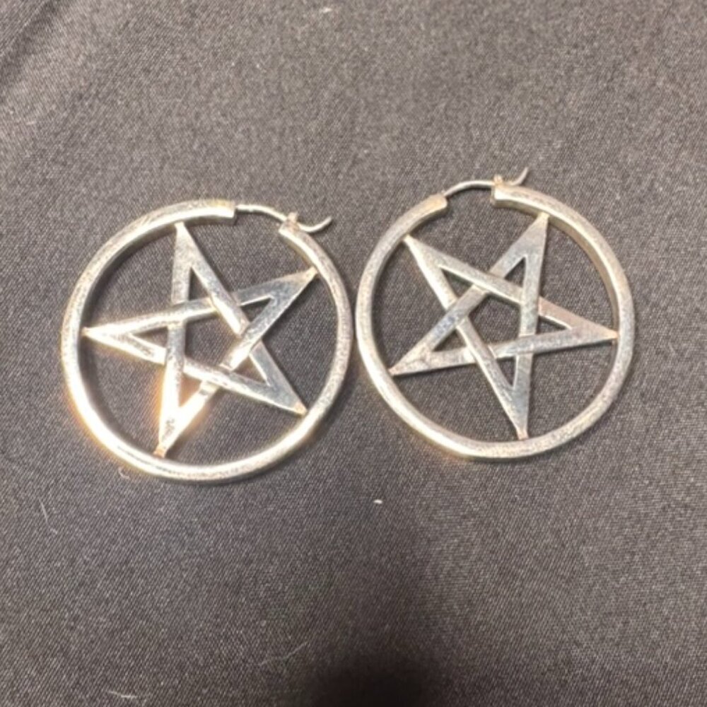 Loved to Death Sterling Silver Pentagram Hoop Earrings